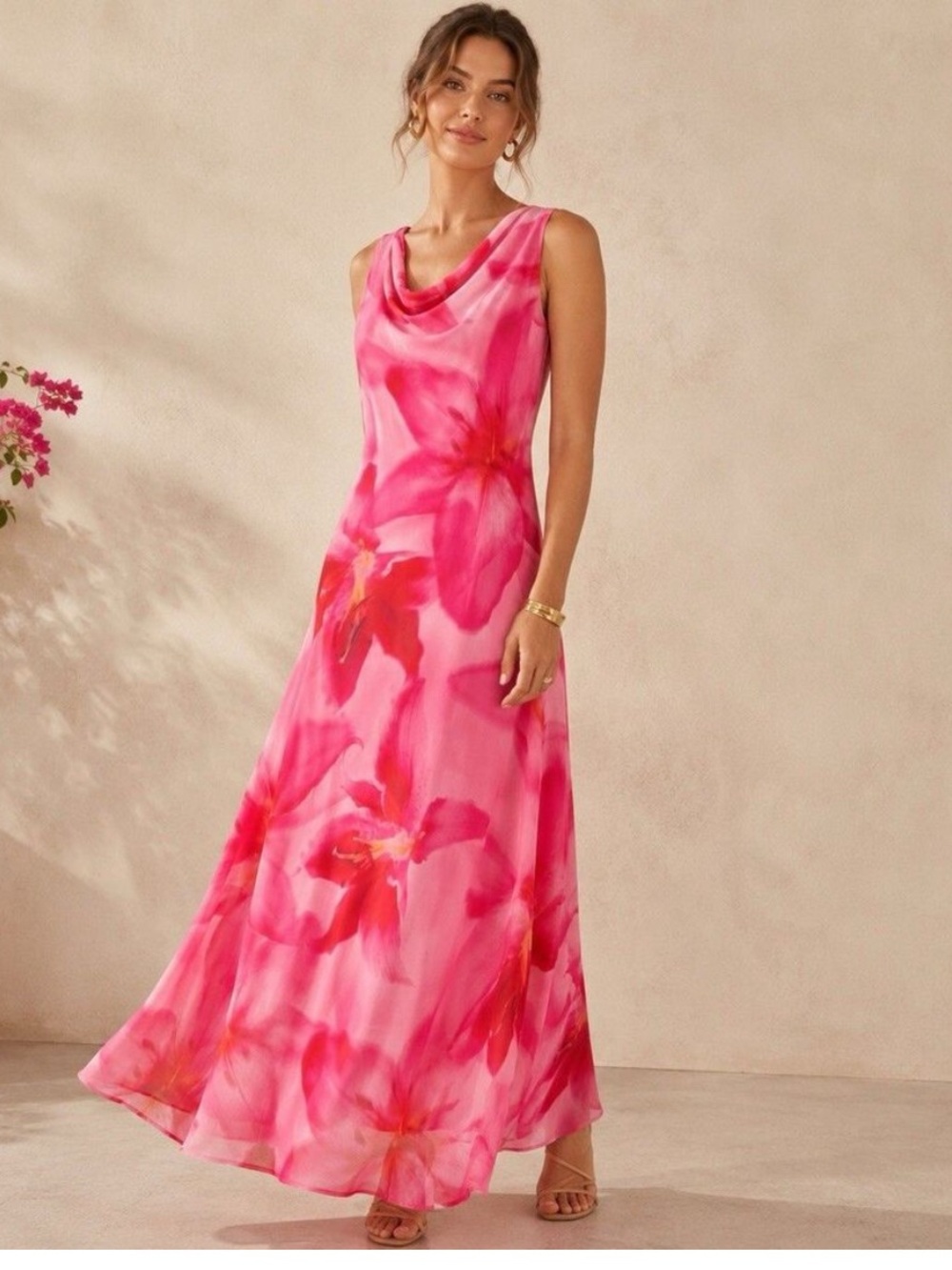 NWT Anthropologie Paper Heart Pink Floral Maxi Dress Cowl Neck Size XS